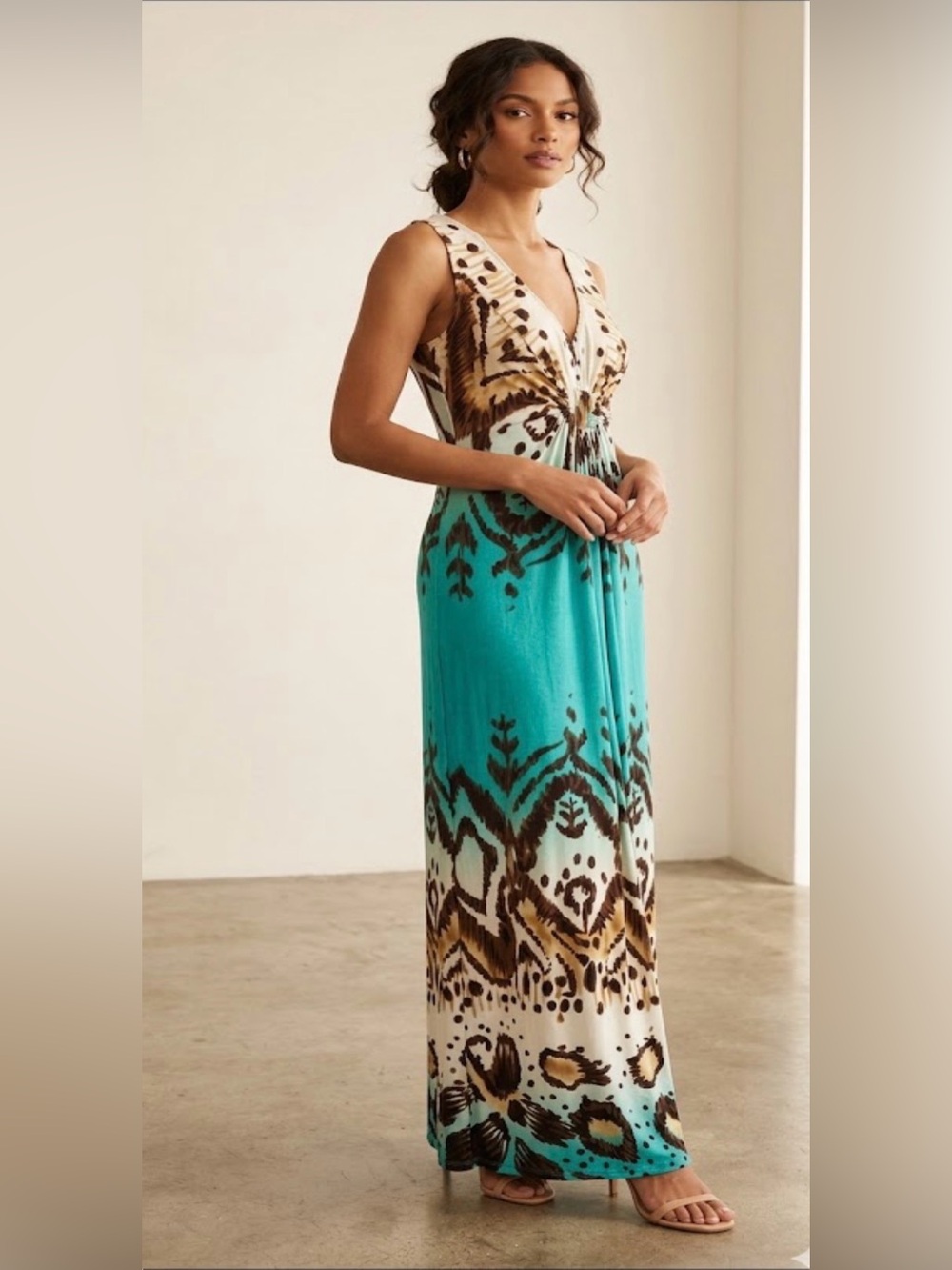 R&M Richard’s Women Turquoise Ombre Maxi Dress with Brown and Black Print size12